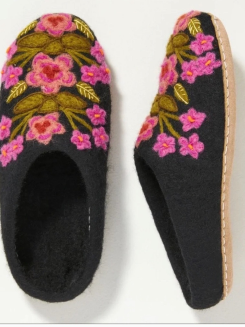 NWT Floral Black French Knot Secret Garden Handmade Wool Slippers - Size XL